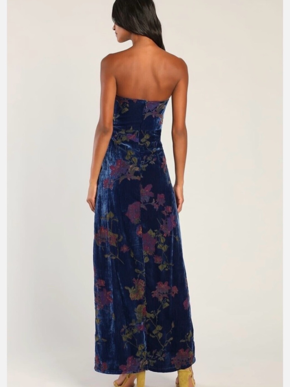 Lulu's Exquisite Blue Floral Burnout Velvet Strapless Maxi Dress M NWT NightOut - Picture 2 of 15